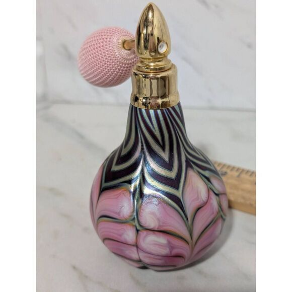 Daniel Lotton Signed 1991 Swirled Iridescent Blown Art Glass Perfume Atomizer Bo - Picture 8 of 8